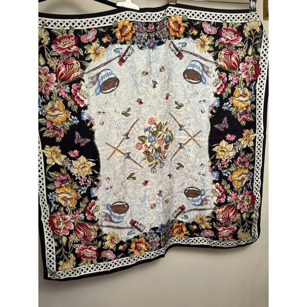 100% Korean Silk Vintage Nicole Miller Scarf In Quirky Paint-By-Number Print
